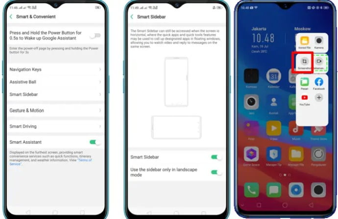 Cara Screenshot Oppo A5s dengan Smart Sidebar / Bilah Samping Cerdas